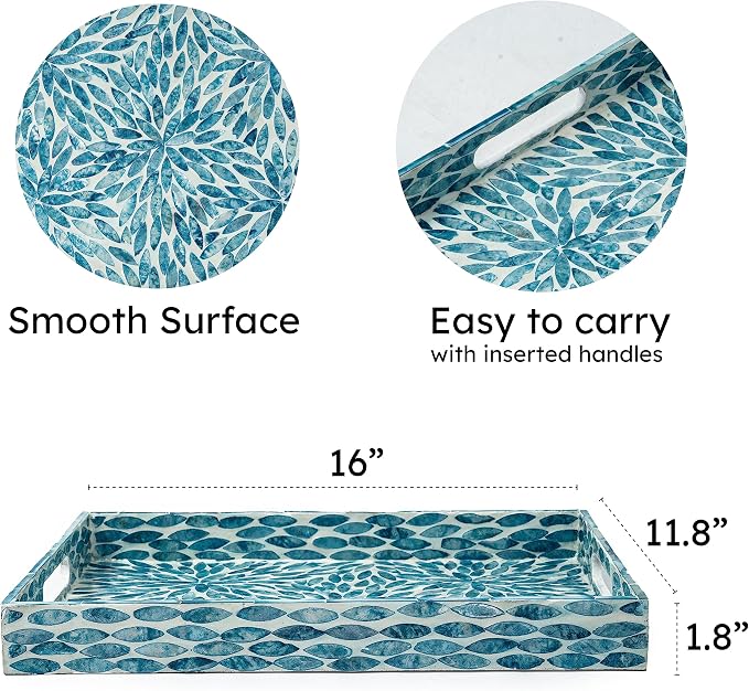 Serving Tray 15.7" X11.8", Lacquer Mother of Pearl Inlay Mosaic Tray, Rectangle - Image 2