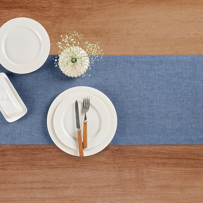 Solino Home 100% Linen Table Runner Blue Denim Woven, Athena 14 x 36 in | Table - Image 4