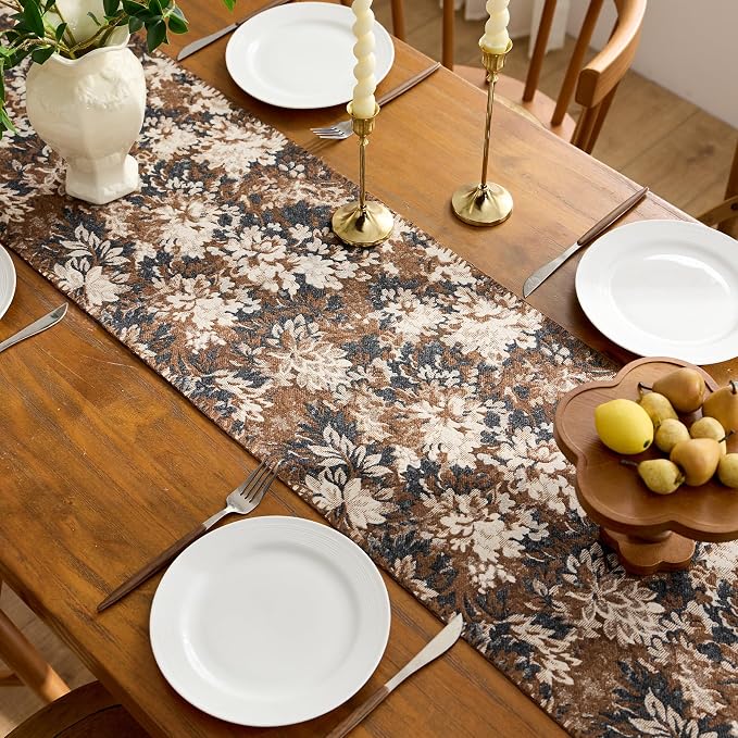 ORTIGIA Vintage Floral Table Runner, Boho Chenille Coffee Brown Farmhouse - Image 3