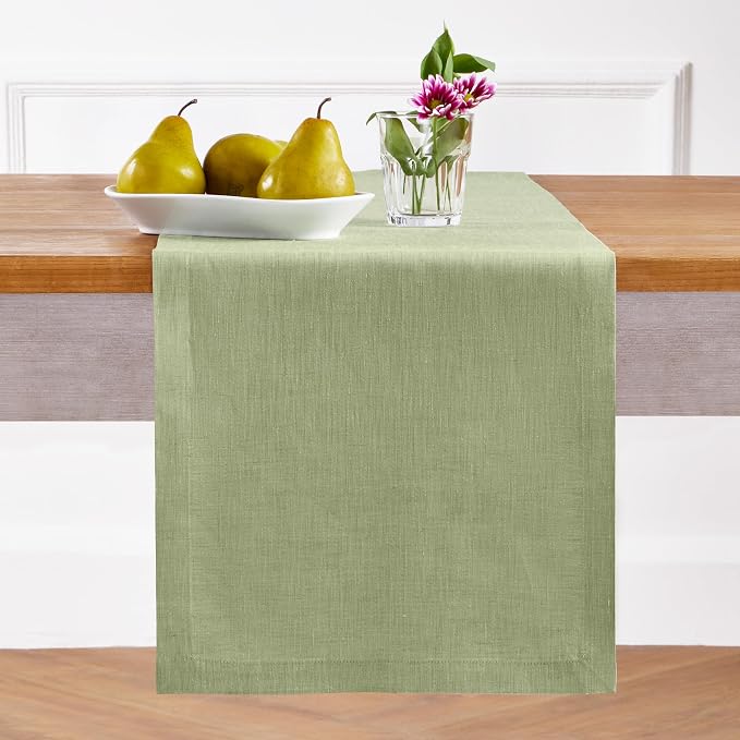 Solino Home 100% Pure Linen Table Runner Olive Long, Athena 14 x 108 in | Table - Image 2