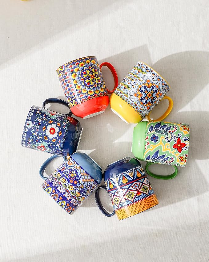 HENXFEN LEAD Boho Ceramic Coffee Mugs Set of 6, 14 oz | Assorted Patterns - Image 4