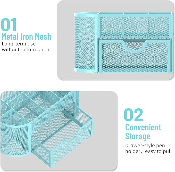 Mesh Desk Organizer with Drawer, 9-Compartment Pen Holder - Image 5