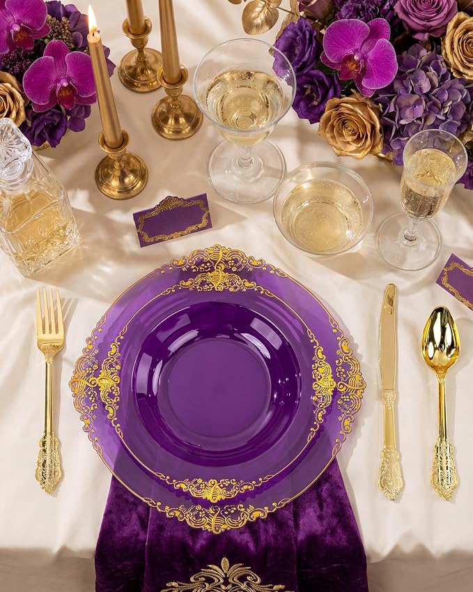 Nervure 350Pcs Purple Plastic Plates, Plastic Dinnerware Set - Image 9