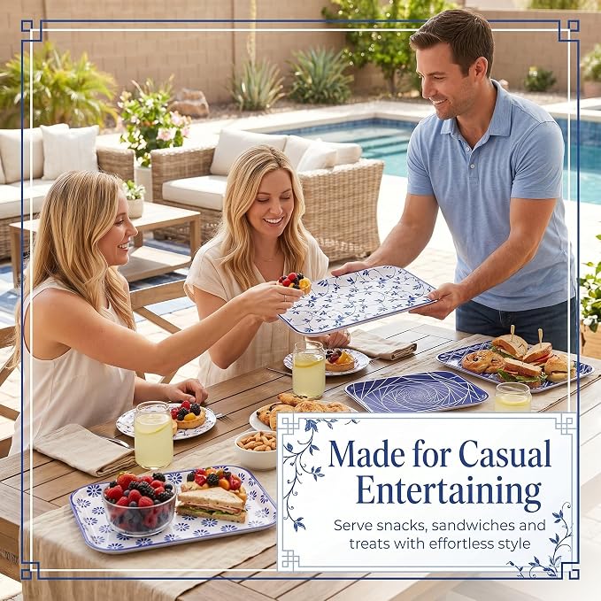 Vesici 4 Pack Blue and White Melamine Serving Trays, 13 x 10 Inch Rectangular - Image 5