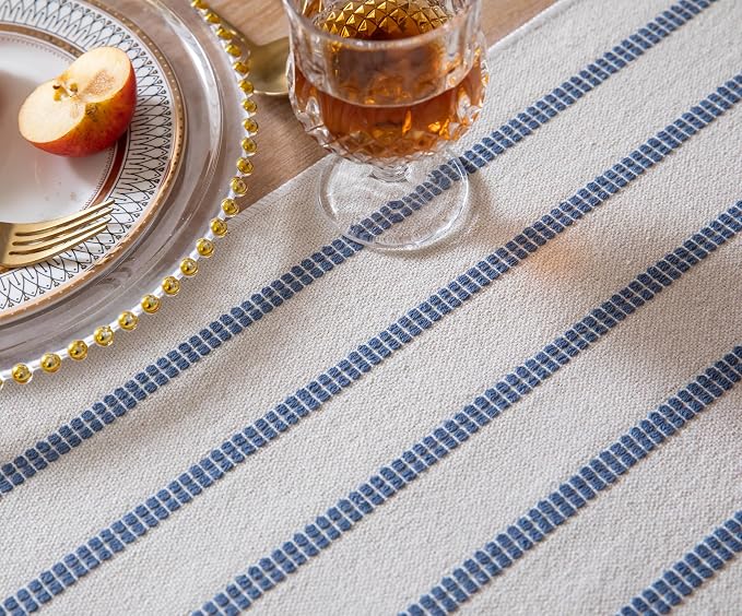 Caflife Boho Table Runner 108 Inchs Long Blue and Beige, Cotton and Linen Woven - Image 3