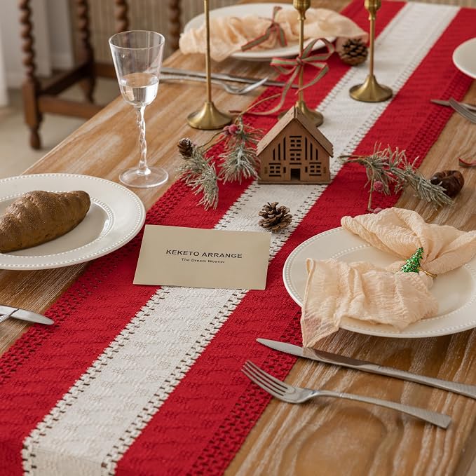 Keketoarrange Christmas Red Boho Table Runner 12x72 Inch | Woven Burlap - Image 2