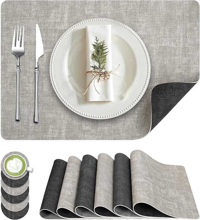 Fyvva Placemats Set of 6 Wipeable Reversible Faux Leather by Fyvva