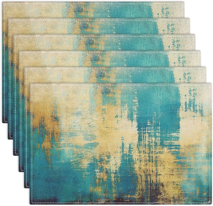 Emvency Farmhouse Placemats Set of 6, 12x18 Inch, Teal Modern Gold Blue | by Emvency