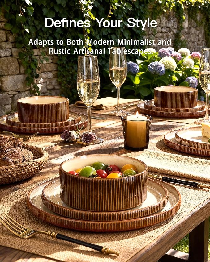 Stoneware Dinnerware Set for 4, Cream Brown Reactive Glaze | 12 pcs Ceramic - Image 2