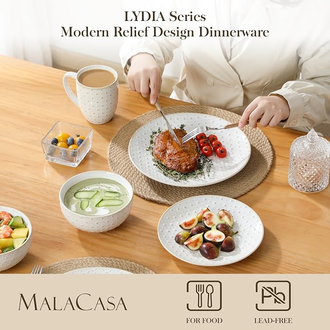 MALACASA 16 Pieces Dinnerware Set, Farmhouse Style Stoneware Plates and Bowls - Image 3