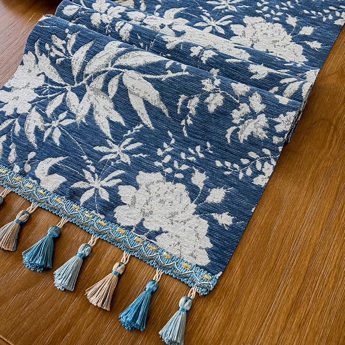 Botanical Jacquard Floral Dining Table Runner Blue 13 x 94 Inch | Jacquard - Image 5