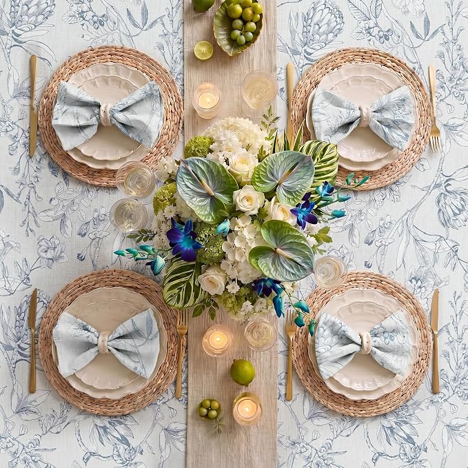 jinchan Blue Floral Linen Rectangle Table Cloth 50 x 70 Inch | Classic floral - Image 7