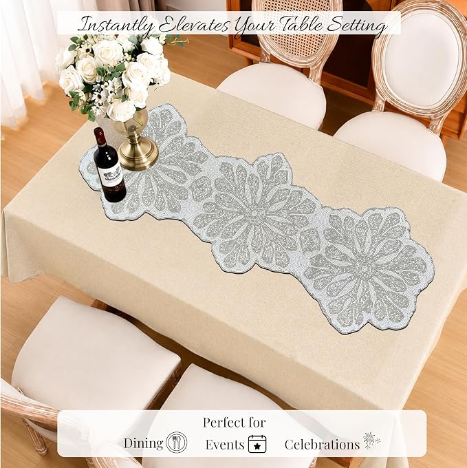 Handmade Beaded Table Runner 13x36 Inch – Silver & White Floral Beaded Runner - Image 5