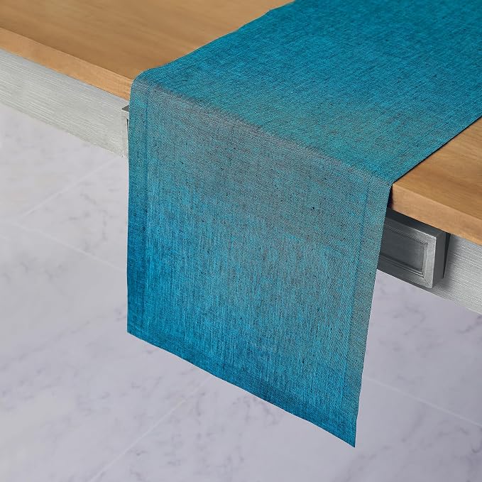 Solino Home 100% Pure Linen Dining Table Runner Teal, Athena 14 x 48 in | Table - Image 2