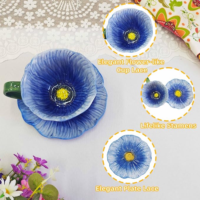 10 oz Tea Cups and Saucers, Ceramic Flower-shaped Cappuccino Cup, Latte Cup and - Image 4