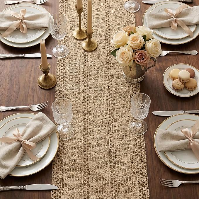 Burlap Boho Table Runner Macrame Brown 60in Farmhouse Woven Runner | Burlap - Image 8