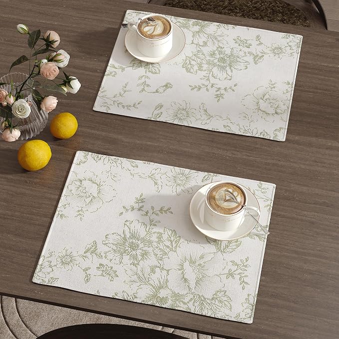 JINCHAN Alice Linen Floral Placemats Set of 4 Farmhouse 13x19 Inch Green | - Image 2