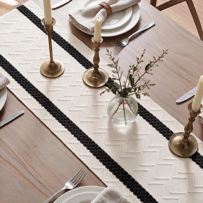 Artoid Mode Black Stripe Woven Rustic Table Runner 12x108 Inch | Holiday - Image 4