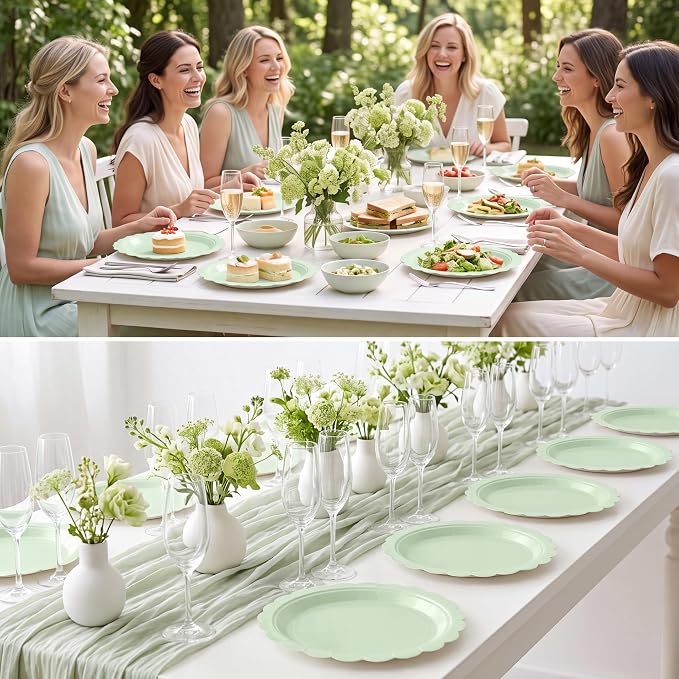 NatNarr 30 Pk Sage Green Paper Plates 9" Scalloped Sage Baby Shower Plates | - Image 5
