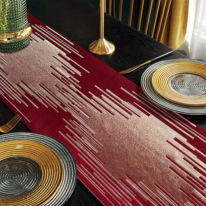 Luxury Red Table Runner 13 x 98 Inches Long, Modern Gold Abstract Geometric | - Image 5