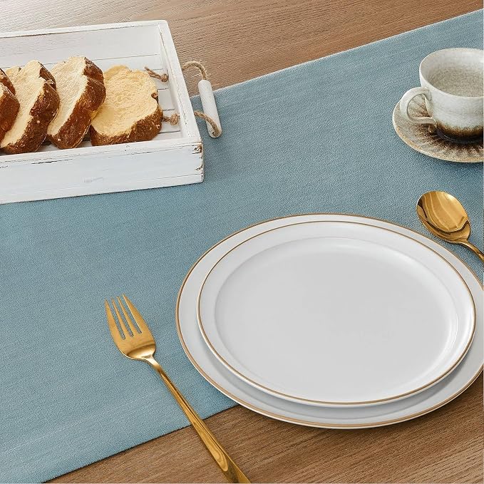 Linen Textured Border Table Runner, 14 x 72 Inch Blue | Mitered Corner Design - Image 5