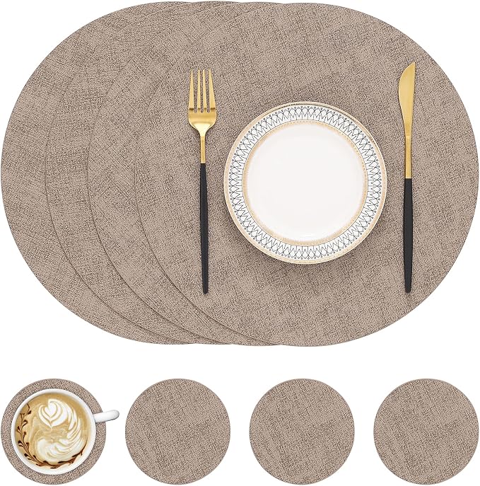 Round Faux Leather Placemat and Coaster 4 Packs, Washable Heat Resistant Dining by homing