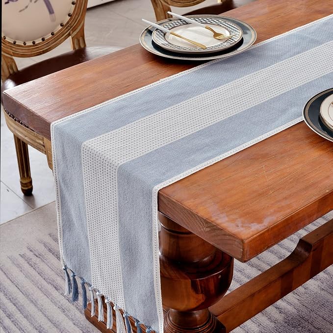 Wracra Linen Table Runner, Stripe Table Runners 36 Inches Long Blue | Delicate - Image 5