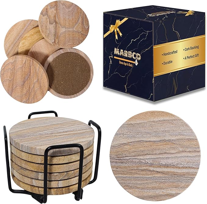 Sandstone Water Absorbent Hand Crafted Round Coasters by Marbco