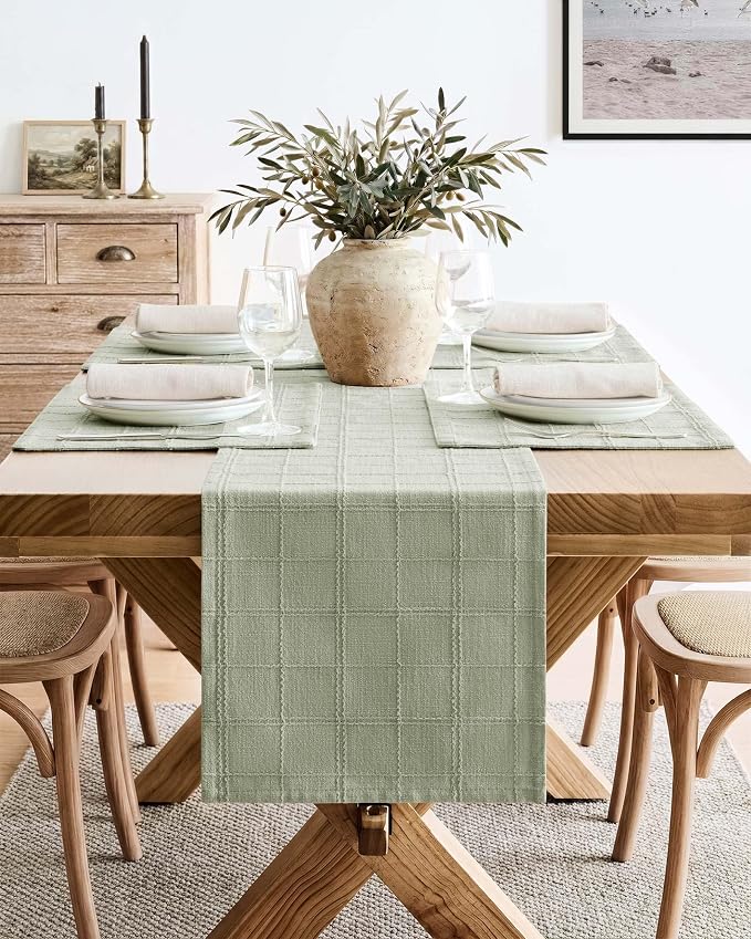 Linen Checked Farmhouse Table Runner, 13x72 Inches Seeding Green | Raised Grid - Image 2