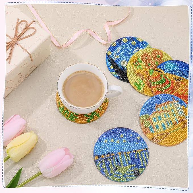 6 Pcs Boho Diamond Art Painting Coasters Holder Oil Paintings | Abstract - Image 2