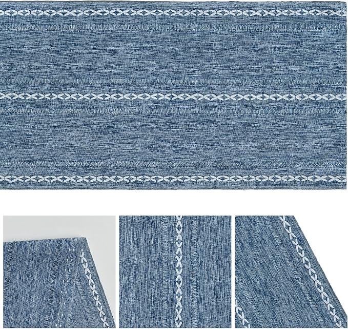 Artoid Mode Blue Rustic Cotton Linen Table Runner, Seasonal Embroidered Hollow - Image 6