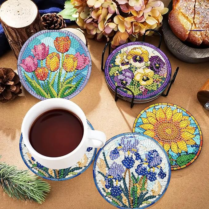 8 Pack Flower Diamond Art Coasters Kits-Diamond Painting Coasters Kit | 5D - Image 3