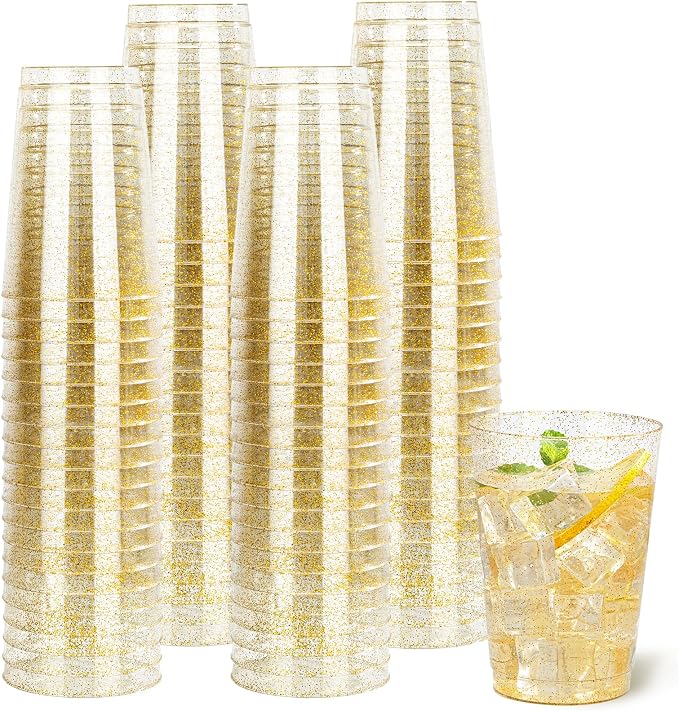 I00000 50 Pack 12 oz Gold Glitter Plastic Cups, Disposable Plastic Wine Glasses by I00000