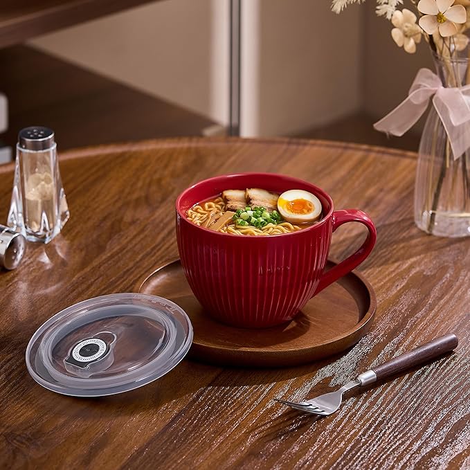 Red Ceramic Soup Bowl with Handle & Lid, 24oz Jumbo Soup Mug - Image 3