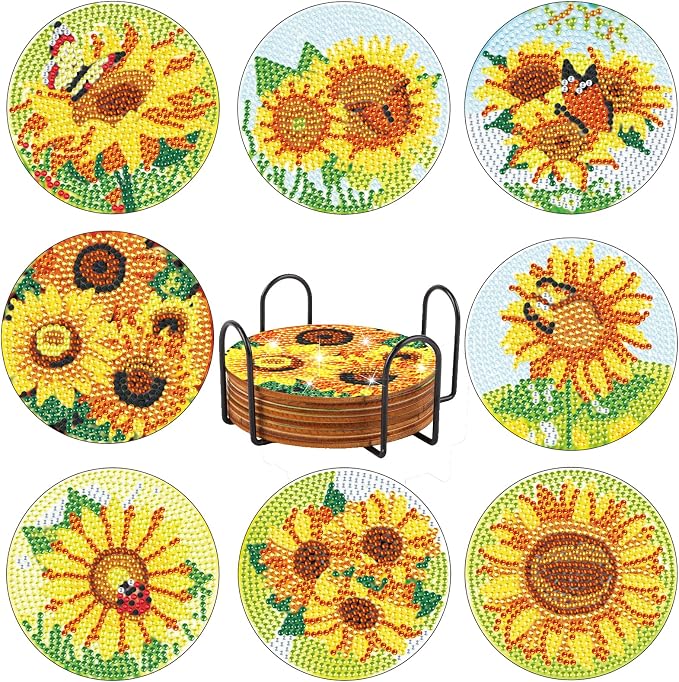 8 Pcs Sunflower Diamond Painting Coasters by AiYuanzsh