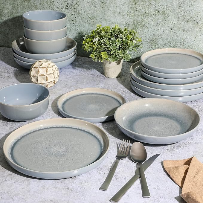 Gibson Elite Juno Moon 16-Piece Reactive Blue Double Bowl Dinnerware Set – - Image 3