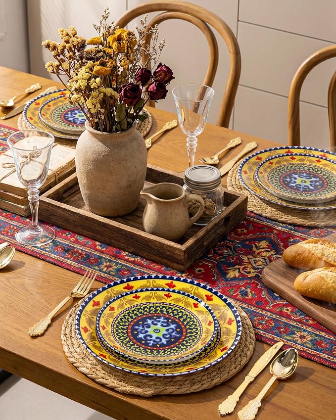 Yellow Plastic Plates, Boho Plates, layered circle red/yellow accents. Durable - Image 7