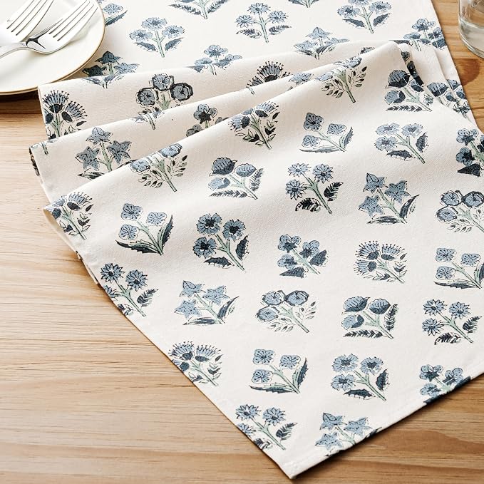 Block Print Floral Decorative Table Runners, 13x36 Inch Dusty Blue | 100% - Image 6