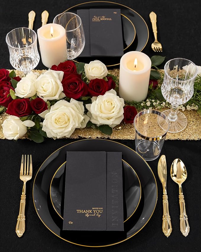Nervure 100PCS Black and Gold Plastic Plates 10.25″Disposable Dinner Plate | - Image 6