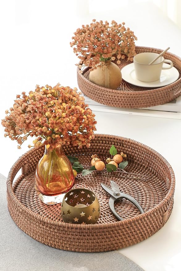 HITOMEN 14.2" Hand-Woven Round Rattan Serving Tray Decorative Ottoman Wicker - Image 2