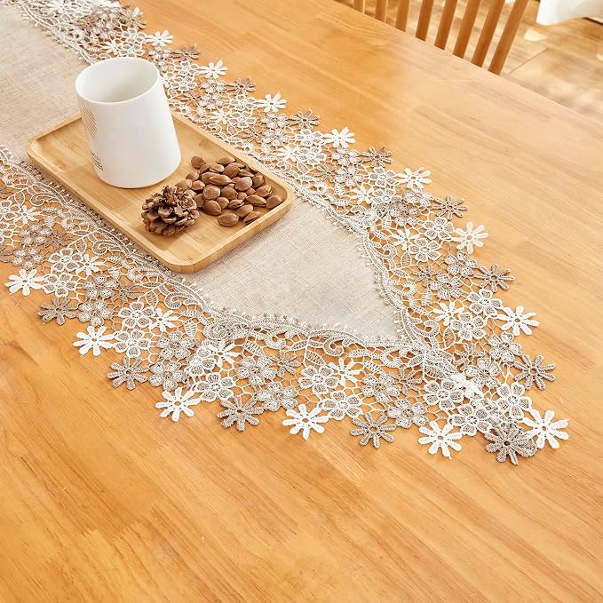 Natural Beige Floral Lace Table Runner Dresser Scarf | Rustic Farmhouse Style - Image 5