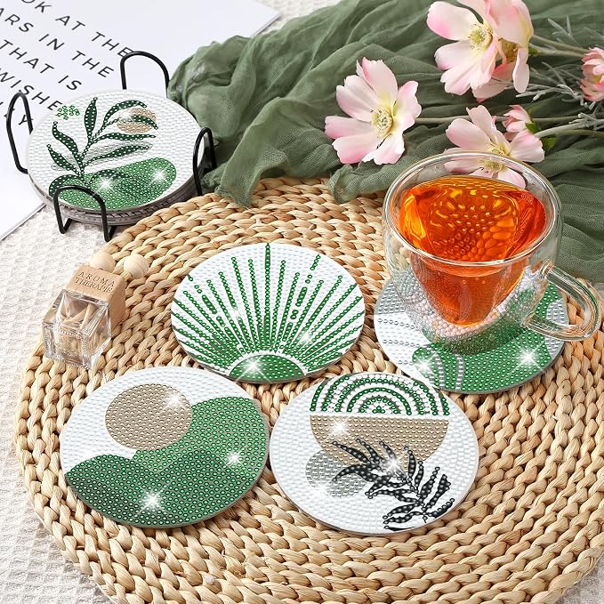 8 Pcs Boho Diamond Art Painting Coasters Holder Green Plants | Abstract Diamond - Image 5