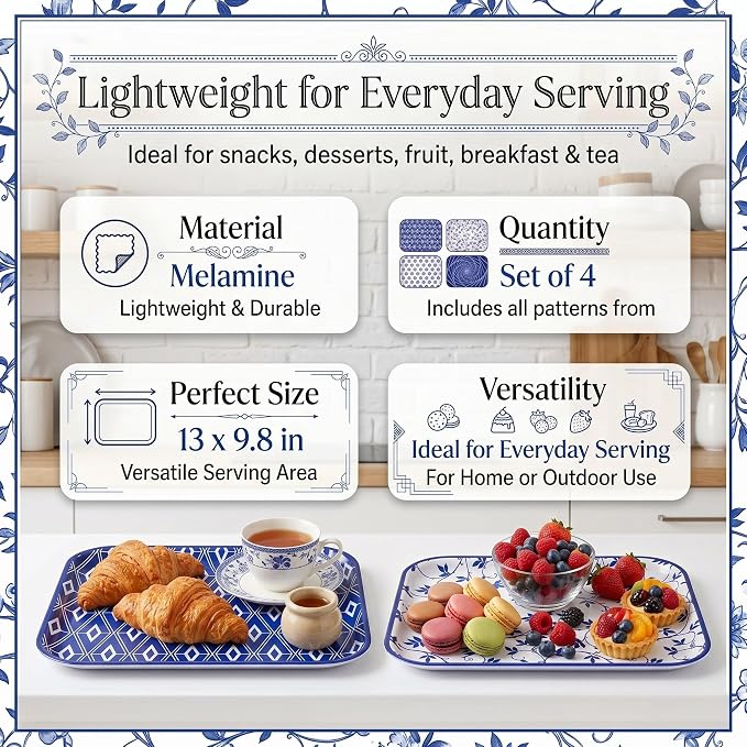 Vesici 4 Pack Blue and White Melamine Serving Trays, 13 x 10 Inch Rectangular - Image 3