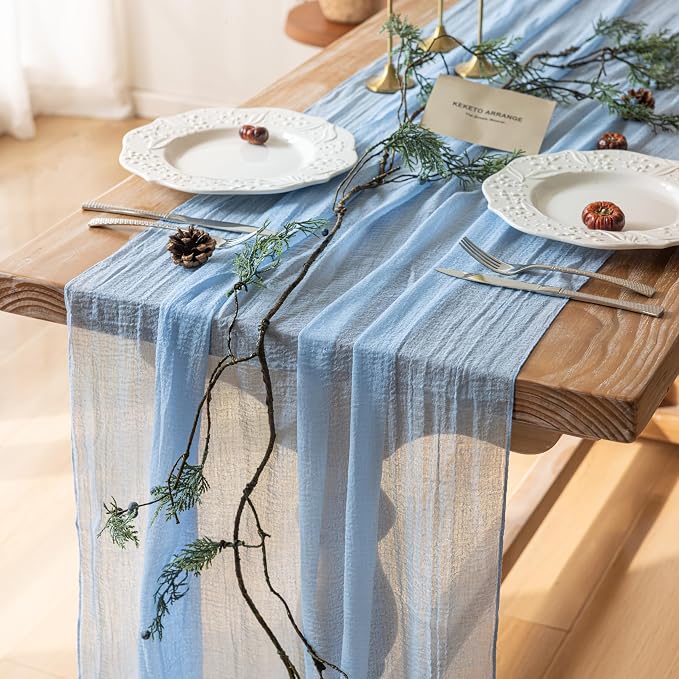 Light Blue Cheesecloth Table Runner 120 Inches by KEKETOARRANGE