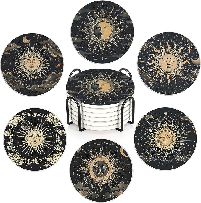Drink Coasters Set of 6 with Holder, Fit All Cups, Great Gift by Unknown