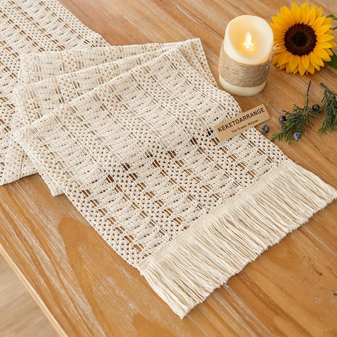 Keketoarrange Boho Macrame Table Runner 12x48 Inch | Woven Burlap Rustic Runner by KEKETOARRANGE