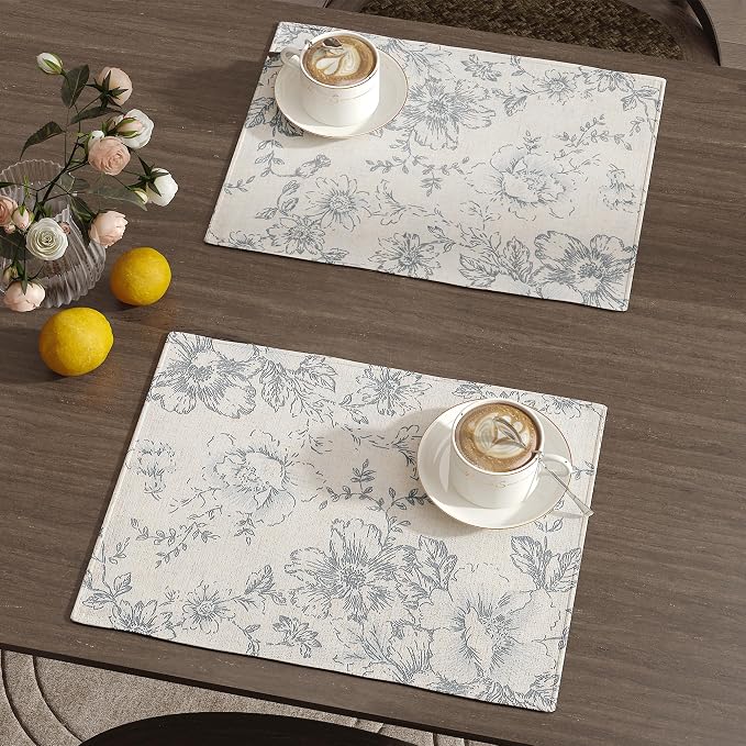 JINCHAN Alice Linen Floral Placemats Set of 4 Farmhouse 13x19 Inch Grey | - Image 2