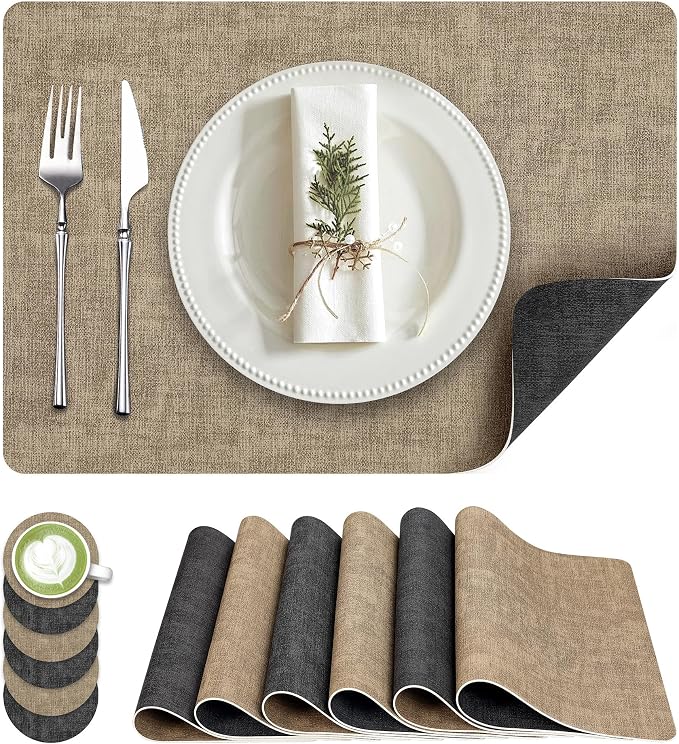Fyvva Placemats Set of 6 Wipeable Reversible Faux Leather by Fyvva