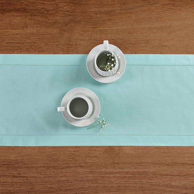 Solino Home Cotton Linen Dining Table Runner Pastel Turquoise, 14 x 120 in | - Image 3