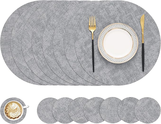 Round Faux Leather Placemat and Coaster 8 Packs, Washable Heat Resistant Dining by homing